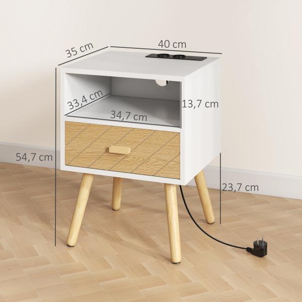 Mesa de Cabeceira com Estação de Carregamento Gaveta 2 Tomadas AC Porta USB e Tipo - C 40x35x54,7 cm Branco