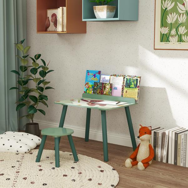 Mesa e Cadeira para Crianças com Prateleira para Livros Secretária para Crianças acima de 3 Anos Verde