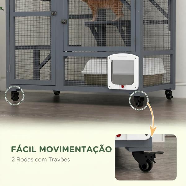 Gaiola Interior para Gatos em Madeira com Rodas, Portas, Plataformas de Salto, Rede e Topo Basculante, 110x100x60 cm, Cinzento