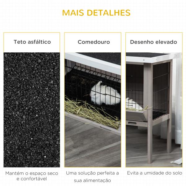 Coelheira de Madeira Exterior Gaiola Elevada para Coelhos Cobaias Animais Pequenos com Teto Asfáltico Abatível Comedouro Bandejas Removíveis e 2 Portas 91x46x71cm Cinza