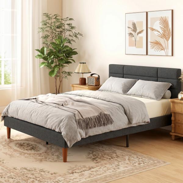 Cama Estofada 140x200 cm com Cabeceira Almofadada, Estrado de Ripas e Espaço Livre Inferior, Cinzento