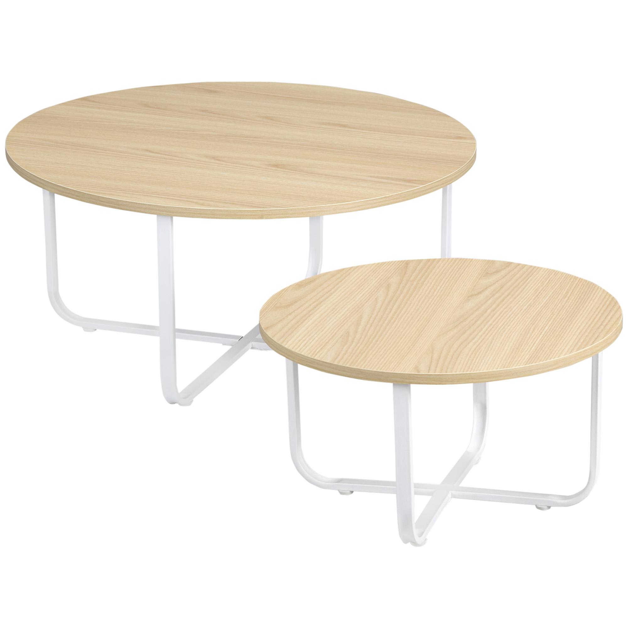 Conjunto de 2 Mesas de Centro Ø65x32cm e Ø45x26cm Mesas Redondas com Bancada de Madeira e Pés de Metal Madeira e Branco