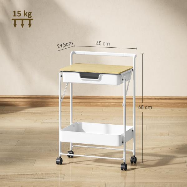 Carrinho Auxiliar com Rodas de 2 Níveis Carrinho de Cozinha com 1 Gaveta e 1 Cesto Carrinho Organizador 45x29,5x68 cm Branco