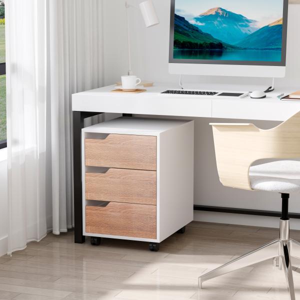 Bloco de Gavetas para Escritório Móvel de Escritório Bloco de Gavetas com 3 Gavetas e 4 Rodas 40x50x57,5 cm Madeira e Branco