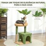 Árvore Arranhadora para Gatos 98 cm com Folhas Artificiais, Toca, Cama, Postes em Juta e 2 Bolas, Verde
