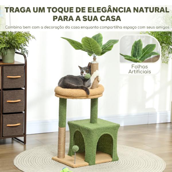 Árvore Arranhadora para Gatos 98 cm com Folhas Artificiais, Toca, Cama, Postes em Juta e 2 Bolas, Verde