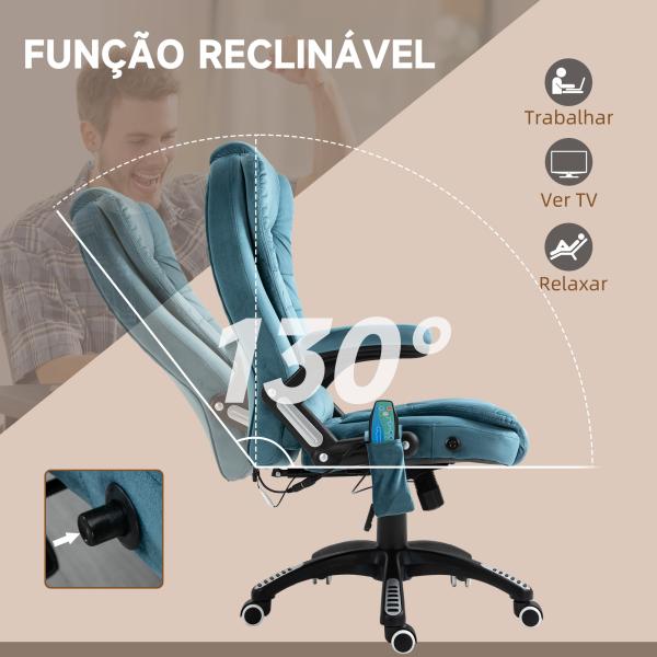 Cadeira de Escritório com 6 Pontos de Massagem Reclinável até 130° com Função de Aquecimento 68x72x110 - 120 cm Azul
