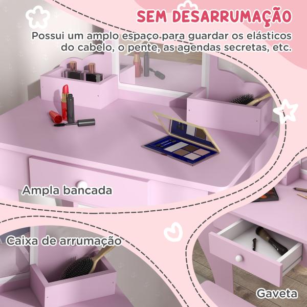 Toucador Infantil para Meninas e Meninos Toucador de Maquilhagem com Banco Espelho Gaveta e Caixas de Arrumação Rosa