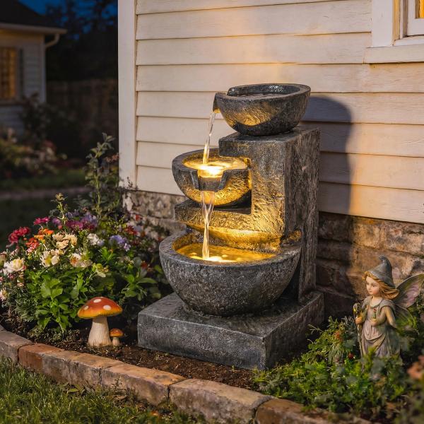 Fonte de Jardim com Iluminação LED e Bomba Cascata Decorativa de 3 Níveis 40x37x61 cm Multicolor