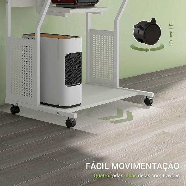Secretária para Computador com Rodas, Bandeja para Teclado, Suporte para CPU e Prateleiras 80x50x130 cm Branco