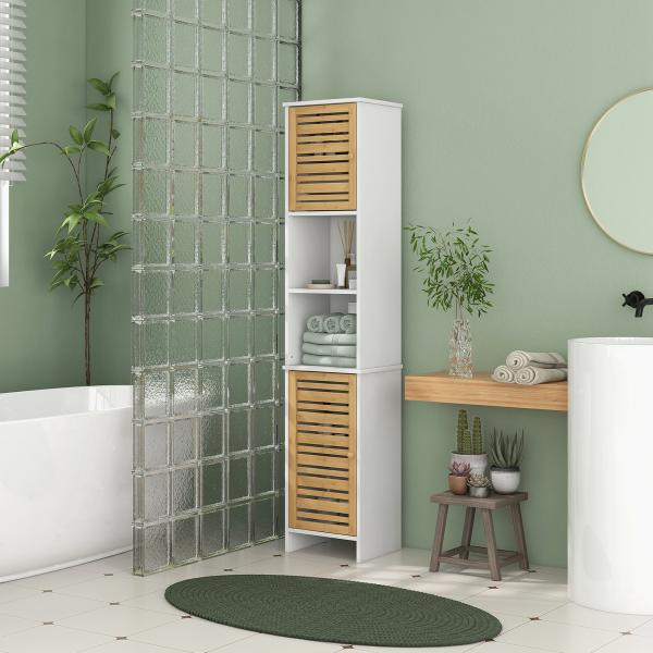 Coluna Casa de Banho Móvel Auxiliar Casa de Banho com Prateleiras Ajustáveis e Portas de Bambu 35x30x170 cm Branco e Madeira