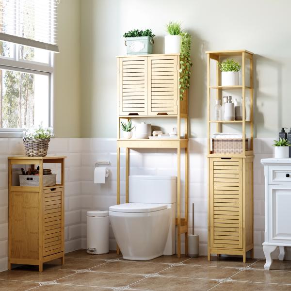 Coluna Casa de Banho de Bambú Coluna Alta para Casa de Banho com 3 Prateleiras e 1 Porta Móvel de Armazenamento para Sala de Estar Cozinha 34x30x173cm Natural