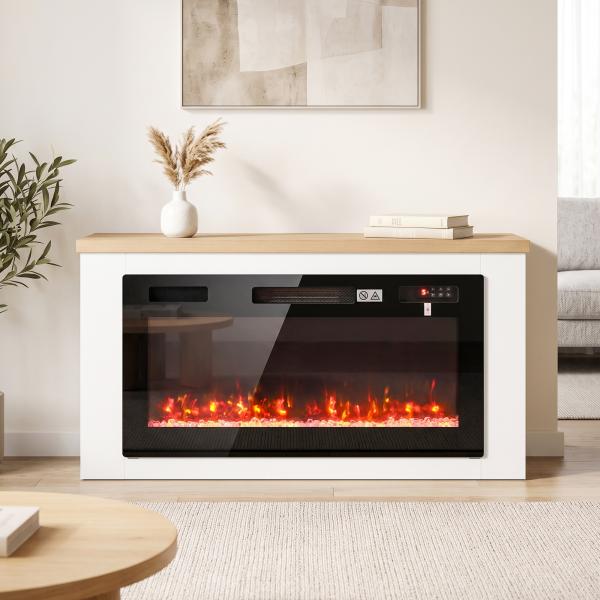 Lareira Elétrica de Pé 900/1800 W com Móvel para TV até 55", 12 Cores de Chama 3D, 5 Níveis de Brilho, Comando à Distância, para 35 m², Branco