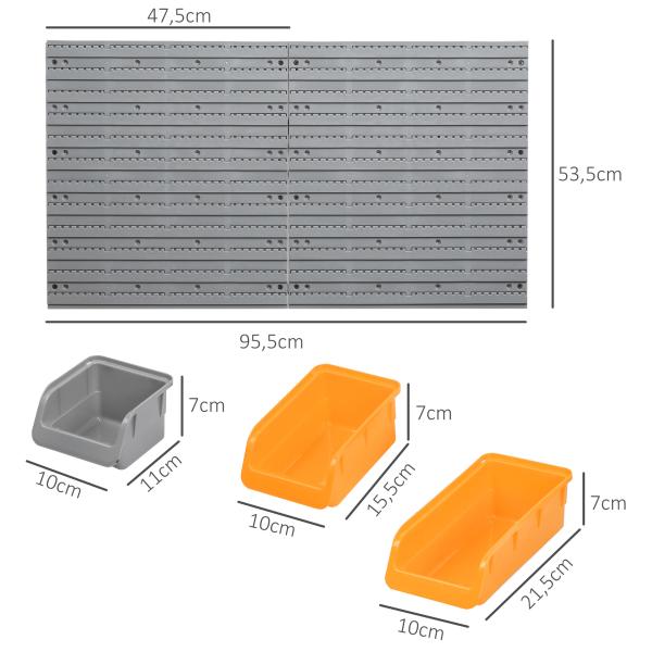 Prateleira de Parede Organizador de Ferramentas com 28 Caixas Empilháveis ​​e Ganchos 95,5x22,5x53,5 cm Cinza e Laranja