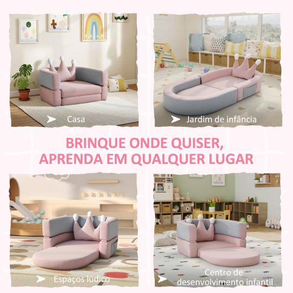 Sofá para Crianças com Almofada em Forma de Coroa Dobrável em Cama e Zona de Brincadeiras 116x61x14 cm Rosa e Azul Acinzentado