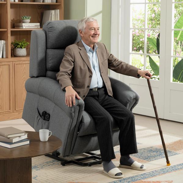 Poltrona Relax Reclinável Elétrica Elevatória com Massagem Vibratória e Calor, Comando à Distância, Cinzento