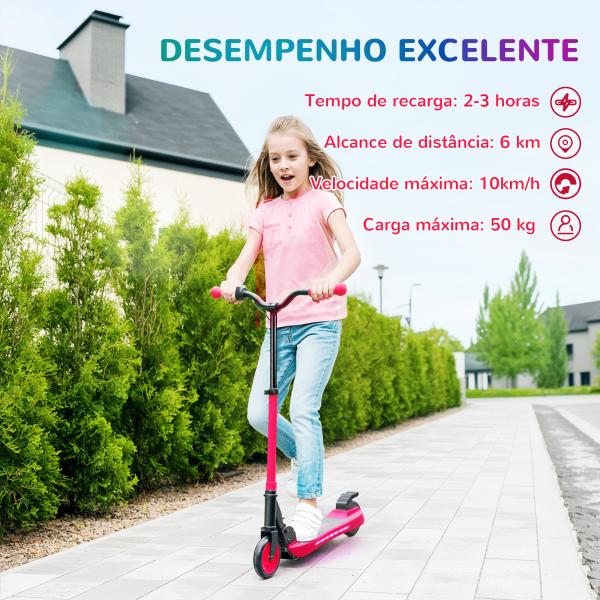 Trotinete Elétrica Dobrável para Crianças 120 W Autonomia 6 km e Máximo 10 km/h com Travão Luzes LED 74x52x83 - 87 cm Vermelho