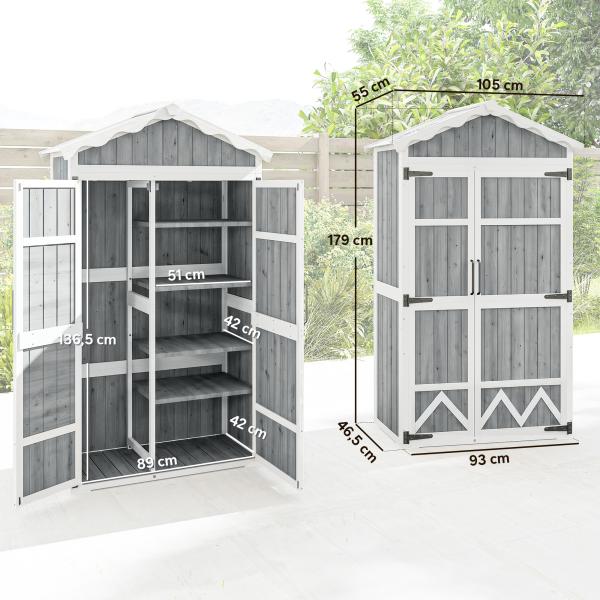 Armário de Jardim de Madeira 105x55x179 cm Abrigo de Exterior com Portas 4 Prateleiras Extraíveis Teto Metal Galvanizado Cinza