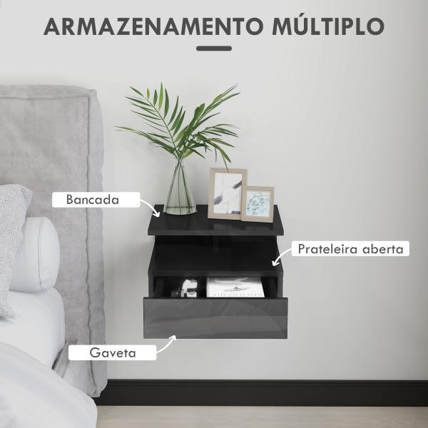 Conjunto de 2 Mesas de Cabeceira Flutuantes com Gaveta e Prateleira Aberta para Sala de Estar, 35x32x22,5 cm Preto Brilhante