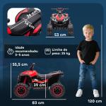Quadriciclo Elétrico para Crianças de 3 - 5 Anos Veículo Eléctrico a Bateria 12V com 2 Motores 83x53x55,5cm Vermelho