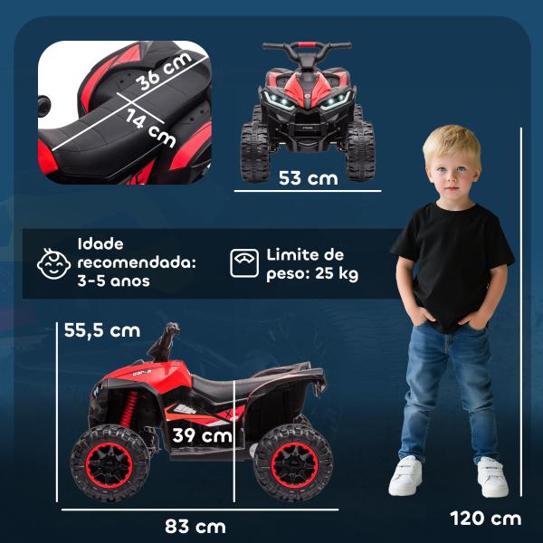 Quadriciclo Elétrico para Crianças de 3 - 5 Anos Veículo Eléctrico a Bateria 12V com 2 Motores 83x53x55,5cm Vermelho