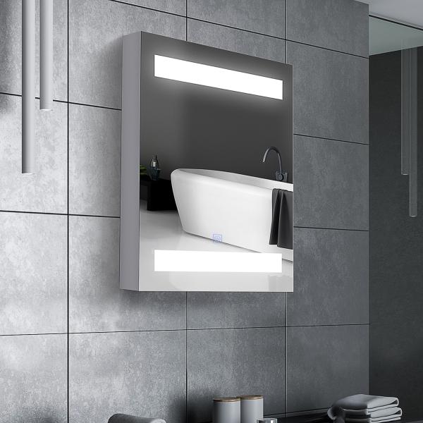 Armário Casa de Banho com Espelho e Luz LED 2 Prateleiras de Armazenamento e Interruptor Tátil 50x15x60cm Branco