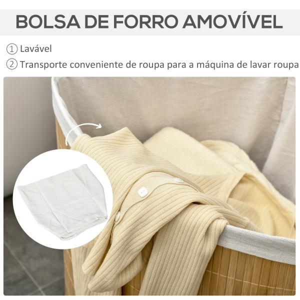 Cesto de Roupa de Bambu Capacidade de 55L Cesto para Roupa Suja com Tampa e Bolsa Amovível 38x38x57cm Madeira