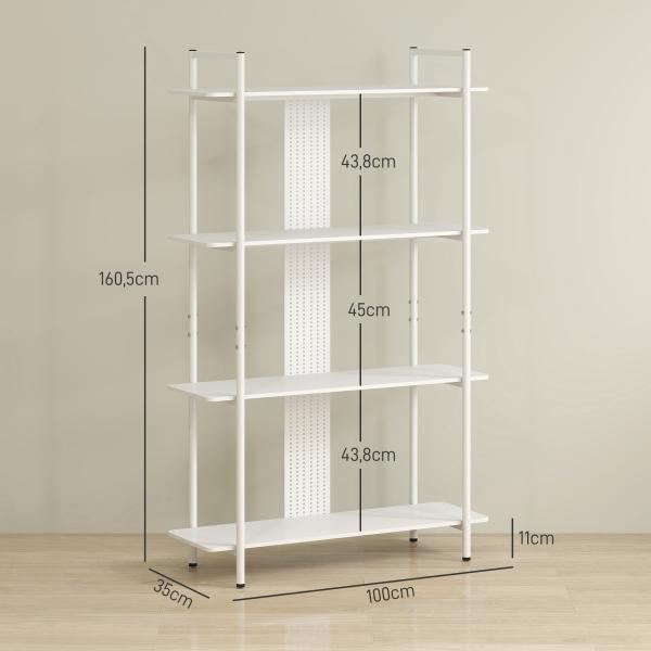 Estante de 4 Níveis Estante para Livros com Painel Perfurado e Estrutura Metálica 100x35x160,5 cm Branco