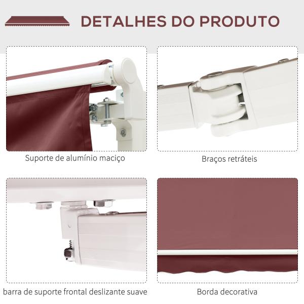 Toldo Manual Retrátil 3,5x2,5 m com Ângulo Ajustável Manivela, Estrutura de Alumínio e Proteção UPF30+ Vinho Tinto