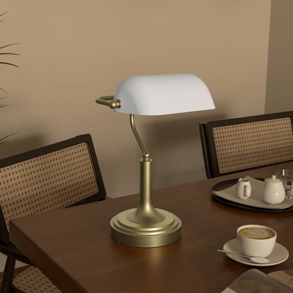 Candeeiro de Mesa Banqueiro Candeeiro de Mesa Vintage E27 com Ecrã Orientável a 45° 26,8x22x39,5 cm Branco