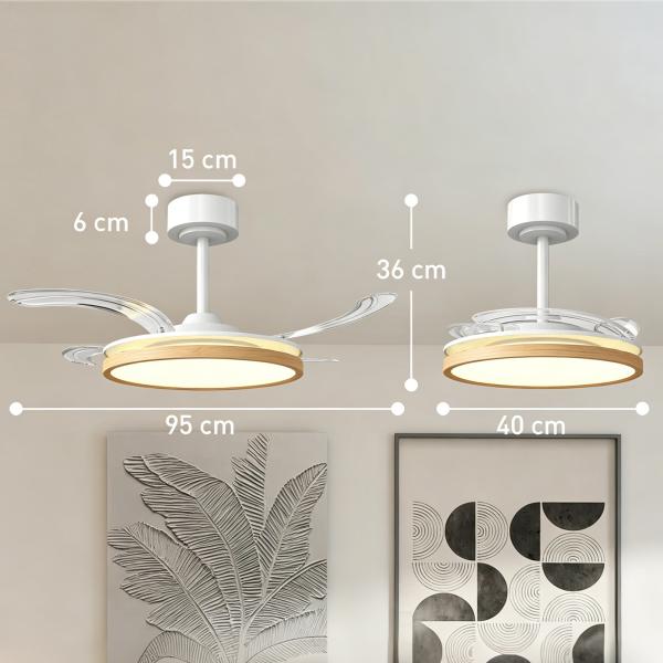 Ventoinha de Teto com Luz LED 80 W Motor DC Reversível Controlo Remoto 6 Velocidades Temporizador Ø95 cm Branco e Madeira