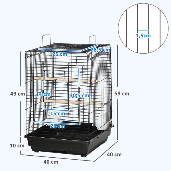 Gaiola para Pássaros com Teto Abatível 2 Poleiros 2 Comedouros e Bandeja Amovível para Canários Periquitos 40x40x59 cm Preto