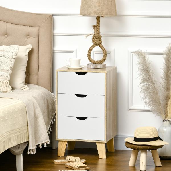 Mesa de Cabeceira com 3 Gavetas para Dormitório Sala de Estar Estilo Moderno Anti - Tombo 40x35x68,5cm Madeira e Branco