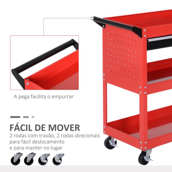 Carrinho de Ferramentas com 3 Bandejas e Gaveta Rodas com Travões Pega Lateral Painel Lateral Perfurado 82x35x76 cm Vermelho