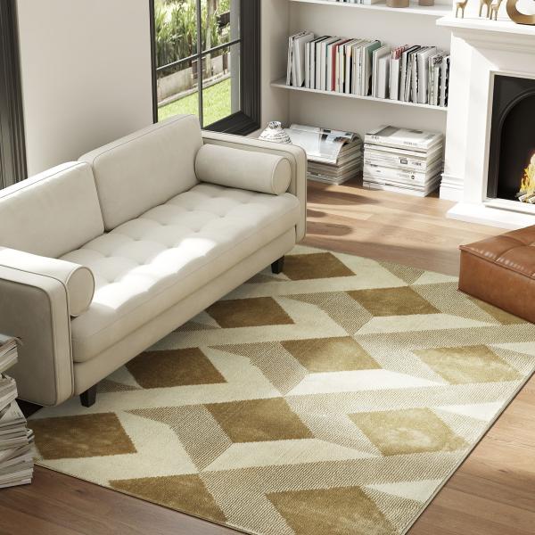 Tapete Sala de Estar 170x120 cm Tapete Lavável na Máquina de Lavar Pelo Curto Estilo Moderno Creme e Marrom Claro