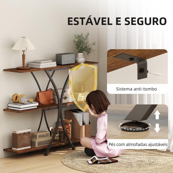 Mesa Consola de 3 Níveis Estilo Industrial com 2 Prateleiras Abertas e Estrutura Metálica em X Consola Estreita 110x30x91 cm Castanho Rústico