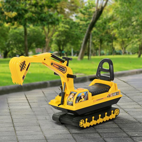 Escavadora sem Pedais com Braço Móvil Carro Andador com Assento de Armazenamento Pá Dianteira e Buzina 78x24x58,5 cm Amarelo