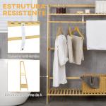 Suporte para Cabide de Bambu com 2 Prateleiras de Armazenamento 2 Ganchos Laterais e Barra Suspensa 114x40x139 cm Madeira