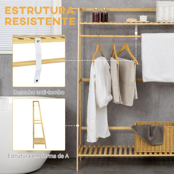 Suporte para Cabide de Bambu com 2 Prateleiras de Armazenamento 2 Ganchos Laterais e Barra Suspensa 114x40x139 cm Madeira