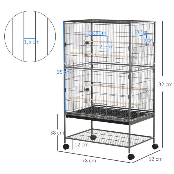 Gaiola para Pássaros com Rodas Bandeja Amovível 4 Portas 4 Comedouros e Prateleira de Armazenamento 78x52x132cm Cinza