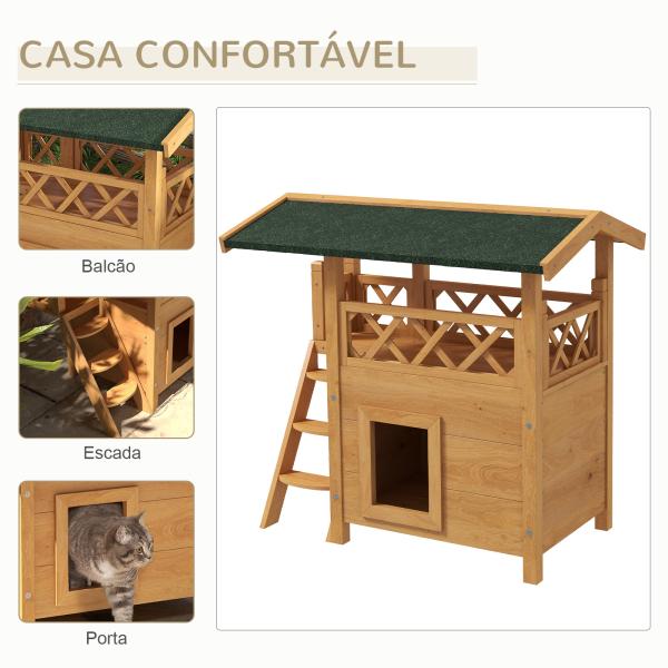 Casa para Gatos de Madeira 77x50x73cm com 2 Níveis Teto Asfáltico Terraço Cercado Caverna e Escada Madeira