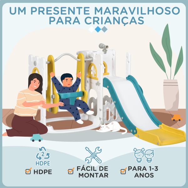 Escorrega Infantil 6 em 1 Parque para Crianças com Baloiço e Escorrega Telescópio Tabela de Basquetebol Multicor