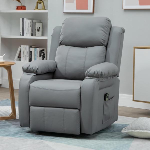 Poltrona Relax Levanta Pessoas com Controle Remoto Reclinação Elétrica de 160° Apoio para os Pés Encosto Estofado em PU e Bolsos Laterais 76x90x105 cm Cinza