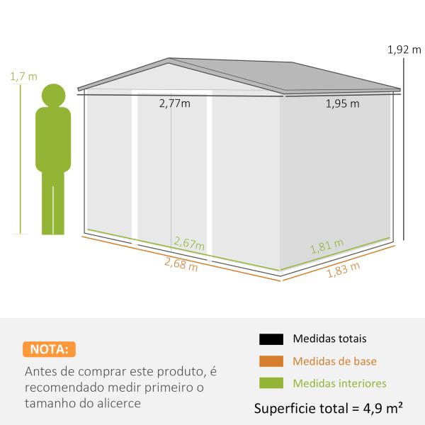 Abrigo de Jardim Exterior 4,9 m² 277x195x192cm Abrigo e Jardim Metálico para Armazenamento de Ferramentas Cinzento