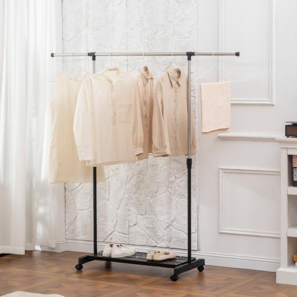 Charriot com Rodas com Barra de Aço Inoxidável e Prateleira para Sapatos Altura Ajustável 94 - 159x42x93 - 168 cm Preto