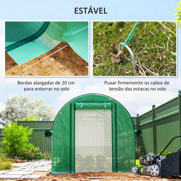 Estufa Tipo Túnel 447x200x198 cm com Paredes Laterais Enroláveis Cobertura Extra 8 Janelas de Malha e 2 Portas Verde