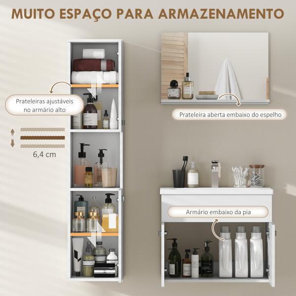 Conjunto de Móveis de Casa de Banho Suspenso de 4 Peças com Espelho, Armário com Lavatório em Cerâmica e Coluna, Branco