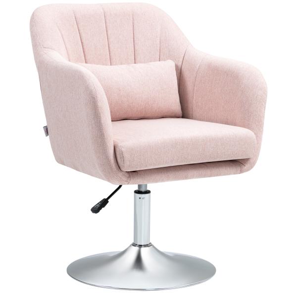 Cadeirão Giratório 360° para Sala de Estar com Altura Ajustável, Encosto Envolvente, Apoios de Braços e Almofada, 60x60x79 - 91 cm, Rosa