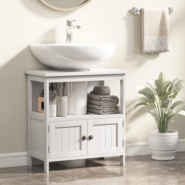 Móvel para Lavatório Pousar com Armário de 2 Portas Estante Aberto e Estante Ajustável Interior 60x30x60 cm Branco