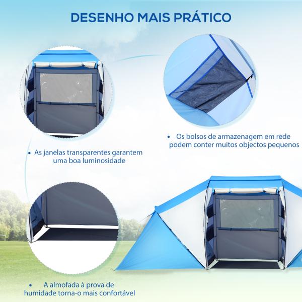 Tenda de Campismo Familiar para 4 Pessoas Tenda Dobrável Impermeável para Praia Parque 430x240x170 cm Azul e Branco